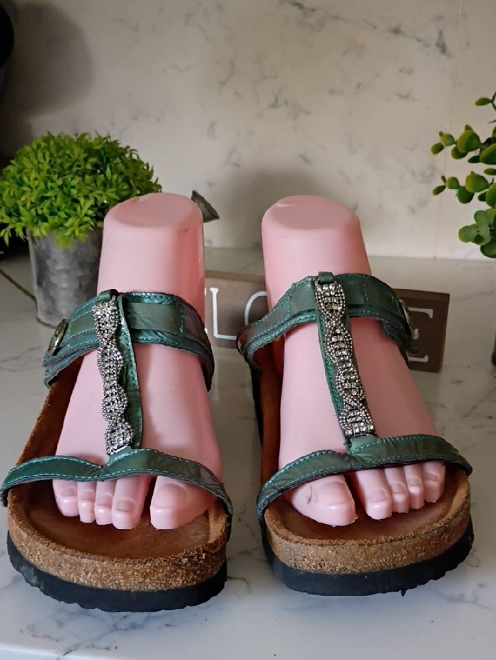 NAOT Women’s Green Jeweled T-Strap Comfort Sandals